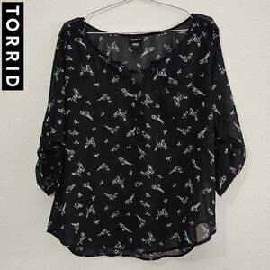 TORRID 1 Black Bird Motif Cute Sheer Button Top Blouse Plus Size 14/16 1X